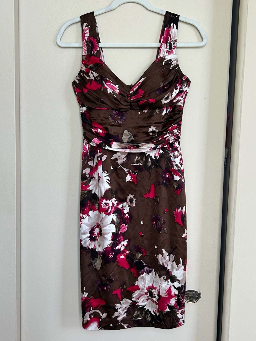 David Meister Silk Floral Ruched V-Neck Midi Dress Brown Size 2